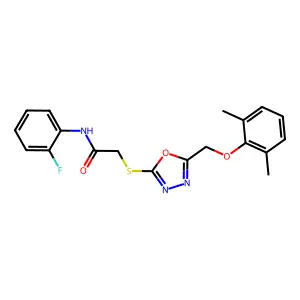 2-[[5-[(2,6-dimethylphenoxy)methyl]-1,3,4-oxadiazol-2-yl]sulfanyl]-N-(2-fluorophenyl)acetamide structure