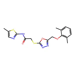2-({5-[(2,6-dimethylphenoxy)methyl]-1,3,4-oxadiazol-2-yl}sulfanyl)-N-(5-methyl-1,3-thiazol-2-yl)acetamide structure