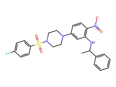 5-[4-(4-fluorophenyl)sulfonylpiperazin-1-yl]-2-nitro-N-(1-phenylethyl)aniline structure