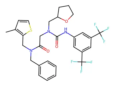 N-benzyl-2-[[3,5-bis(trifluoromethyl)phenyl]carbamoyl-(oxolan-2-ylmethyl)amino]-N-[(3-methylthiophen-2-yl)methyl]acetamide structure