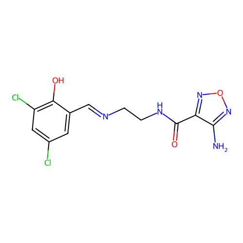 4-amino-N-(2-{[(E)-(3,5-dichloro-2-hydroxyphenyl)methylidene]amino}ethyl)-1,2,5-oxadiazole-3-carboxamide structure