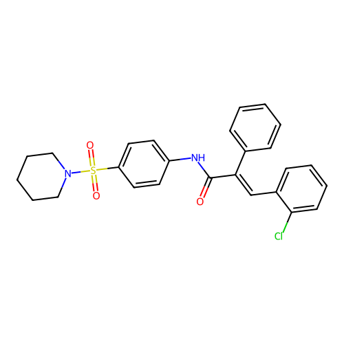 (E)-3-(2-chlorophenyl)-2-phenyl-N-(4-(piperidin-1-ylsulfonyl)phenyl)acrylamide structure
