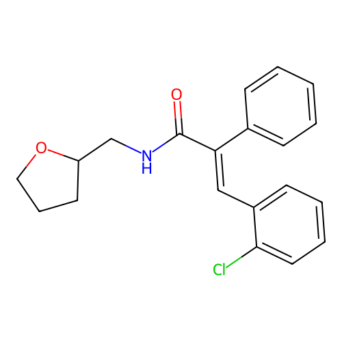 (2E)-3-(2-chlorophenyl)-2-phenyl-N-(tetrahydrofuran-2-ylmethyl)prop-2-enamide structure