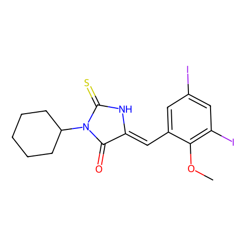 3-Cyclohexyl-5-(3,5-diiodo-2-methoxybenzylidene)-2-thioxo-4-imidazolidinone structure
