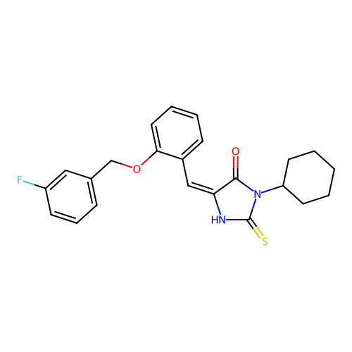 3-Cyclohexyl-5-[2-[(3-fluorobenzyl)oxy]benzylidene]-2-thioxoimidazolidin-4-one structure