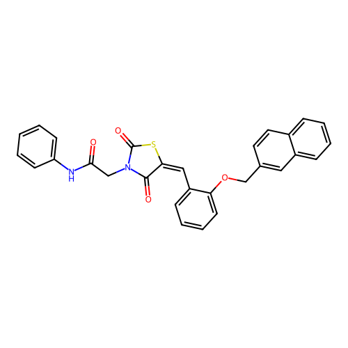(E)-2-(5-(2-(naphthalen-2-ylmethoxy)benzylidene)-2,4-dioxothiazolidin-3-yl)-N-phenylacetamide structure