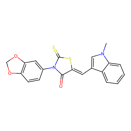 (Z)-3-(benzo[d][1,3]dioxol-5-yl)-5-((1-methyl-1H-indol-3-yl)methylene)-2-thioxothiazolidin-4-one structure