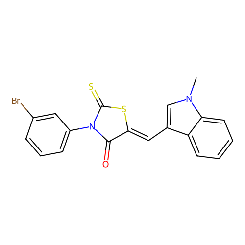(Z)-3-(3-bromophenyl)-5-((1-methyl-1H-indol-3-yl)methylene)-2-thioxothiazolidin-4-one structure