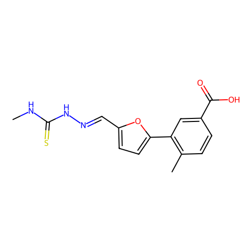 (E)-4-methyl-3-(5-((2-(methylcarbamothioyl)hydrazono)methyl)furan-2-yl)benzoic acid structure