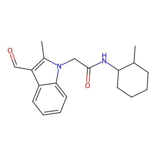 2-(3-formyl-2-methyl-1H-indol-1-yl)-N-(2-methylcyclohexyl)acetamide structure
