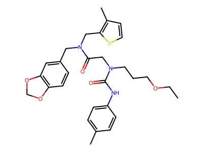N-(1,3-benzodioxol-5-ylmethyl)-2-[3-ethoxypropyl-[(4-methylphenyl)carbamoyl]amino]-N-[(3-methylthiophen-2-yl)methyl]acetamide structure