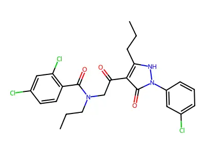 2,4-dichloro-N-[2-[2-(3-chlorophenyl)-3-oxo-5-propyl-1H-pyrazol-4-yl]-2-oxoethyl]-N-propylbenzamide structure