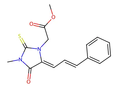 methyl {(5Z)-3-methyl-4-oxo-5-[(2E)-3-phenylprop-2-en-1-ylidene]-2-thioxoimidazolidin-1-yl}acetate structure