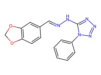 N-[(E)-1,3-benzodioxol-5-ylmethylideneamino]-1-phenyltetrazol-5-amine structure