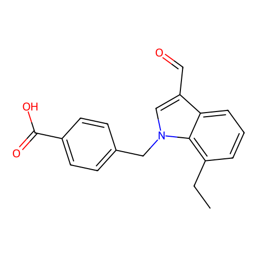 4-[(7-Ethyl-3-formylindol-1-yl)methyl]benzoic acid structure