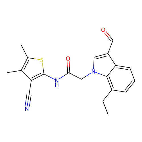 N-(3-cyano-4,5-dimethylthiophen-2-yl)-2-(7-ethyl-3-formylindol-1-yl)acetamide structure