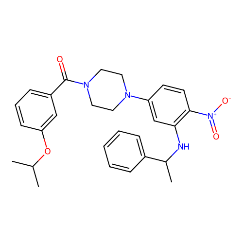 (3-isopropoxyphenyl)(4-(4-nitro-3-((1-phenylethyl)amino)phenyl)piperazin-1-yl)methanone structure