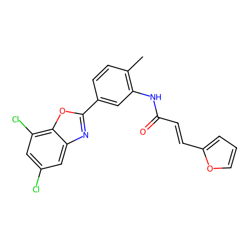 (2E)-N-[5-(5,7-dichloro-1,3-benzoxazol-2-yl)-2-methylphenyl]-3-(2-furyl)acrylamide structure