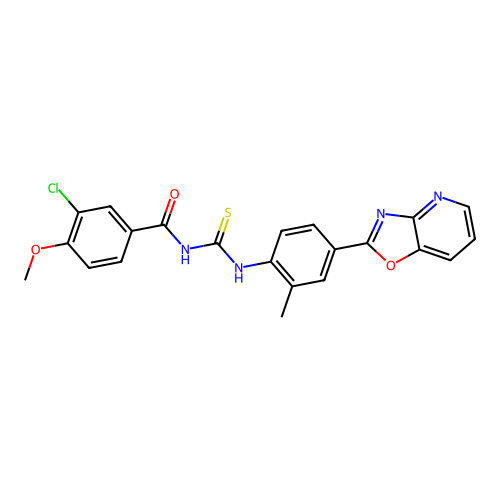 3-chloro-4-methoxy-N-((2-methyl-4-(oxazolo[4,5-b]pyridin-2-yl)phenyl)carbamothioyl)benzamide structure