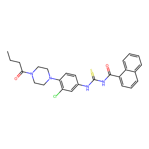 N-((4-(4-butyrylpiperazin-1-yl)-3-chlorophenyl)carbamothioyl)-1-naphthamide structure