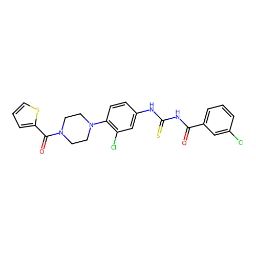 3-chloro-N-((3-chloro-4-(4-(thiophene-2-carbonyl)piperazin-1-yl)phenyl)carbamothioyl)benzamide structure