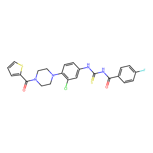 N-((3-chloro-4-(4-(thiophene-2-carbonyl)piperazin-1-yl)phenyl)carbamothioyl)-4-fluorobenzamide structure