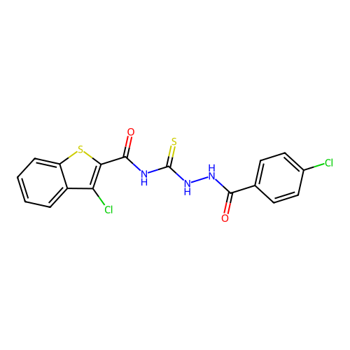 3-chloro-N-(2-(4-chlorobenzoyl)hydrazinecarbonothioyl)benzo[b]thiophene-2-carboxamide structure