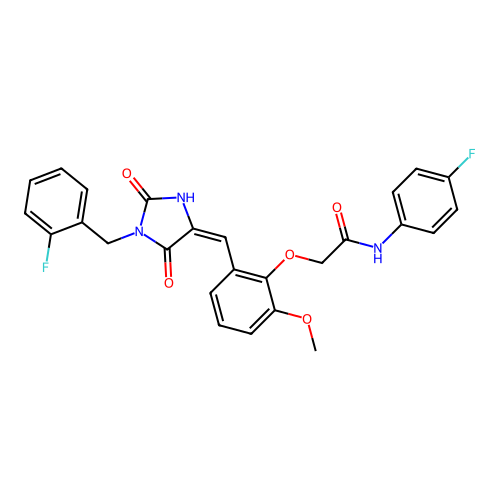 2-(2-{(E)-[1-(2-fluorobenzyl)-2,5-dioxoimidazolidin-4-ylidene]methyl}-6-methoxyphenoxy)-N-(4-fluorophenyl)acetamide structure