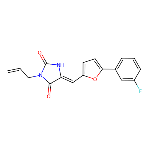 (5Z)-5-[[5-(3-fluorophenyl)furan-2-yl]methylidene]-3-prop-2-enylimidazolidine-2,4-dione structure