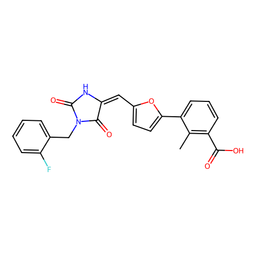 (E)-3-(5-((1-(2-fluorobenzyl)-2,5-dioxoimidazolidin-4-ylidene)methyl)furan-2-yl)-2-methylbenzoic acid structure