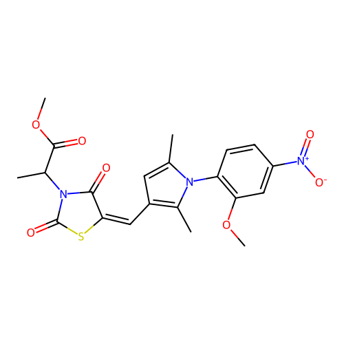methyl 2-[(5E)-5-{[1-(2-methoxy-4-nitrophenyl)-2,5-dimethyl-1H-pyrrol-3-yl]methylidene}-2,4-dioxo-1,3-thiazolidin-3-yl]propanoate structure