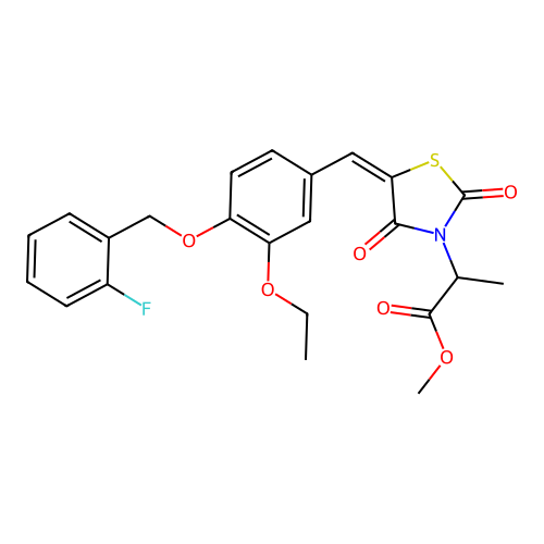 methyl 2-[(5E)-5-{3-ethoxy-4-[(2-fluorobenzyl)oxy]benzylidene}-2,4-dioxo-1,3-thiazolidin-3-yl]propanoate structure