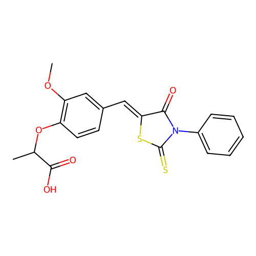 2-{2-methoxy-4-[(Z)-(4-oxo-3-phenyl-2-thioxo-1,3-thiazolidin-5-ylidene)methyl]phenoxy}propanoic acid structure