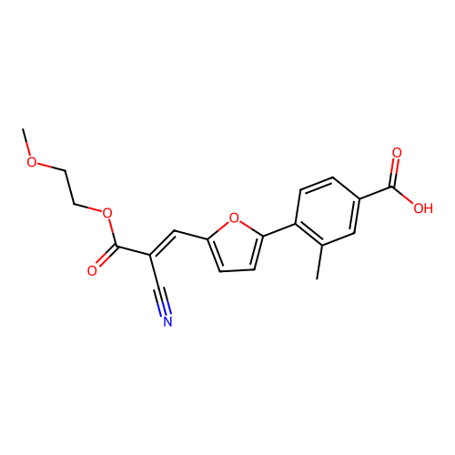 4-{5-[(1E)-2-cyano-3-(2-methoxyethoxy)-3-oxoprop-1-en-1-yl]furan-2-yl}-3-methylbenzoic acid structure