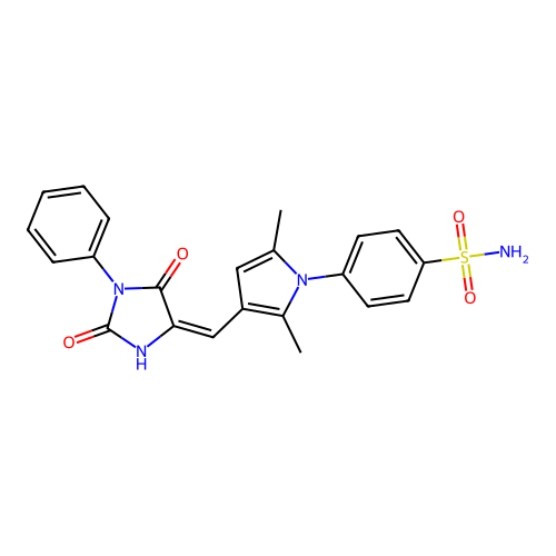 4-{3-[(E)-(2,5-dioxo-1-phenylimidazolidin-4-ylidene)methyl]-2,5-dimethyl-1H-pyrrol-1-yl}benzenesulfonamide structure