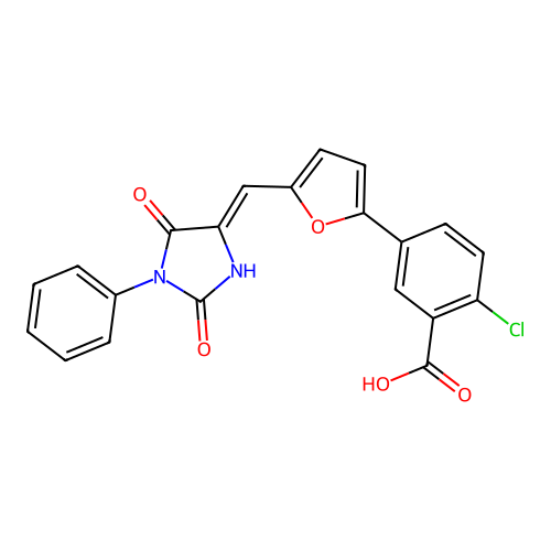 (Z)-2-chloro-5-(5-((2,5-dioxo-1-phenylimidazolidin-4-ylidene)methyl)furan-2-yl)benzoic acid structure