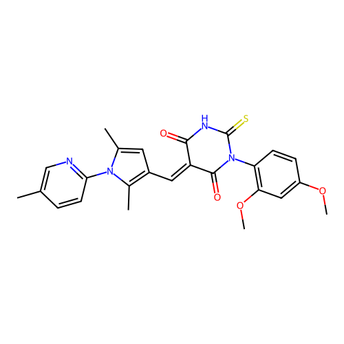 (5E)-1-(2,4-dimethoxyphenyl)-5-{[2,5-dimethyl-1-(5-methylpyridin-2-yl)-1H-pyrrol-3-yl]methylidene}-2-thioxodihydropyrimidine-4,6(1H,5H)-dione structure