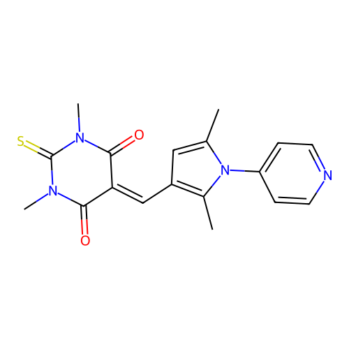 5-{[2,5-dimethyl-1-(pyridin-4-yl)-1H-pyrrol-3-yl]methylidene}-1,3-dimethyl-2-thioxodihydropyrimidine-4,6(1H,5H)-dione structure