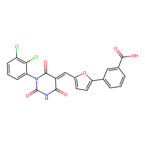 (E)-3-(5-((1-(2,3-dichlorophenyl)-2,4,6-trioxotetrahydropyrimidin-5(2H)-ylidene)methyl)furan-2-yl)benzoic acid structure