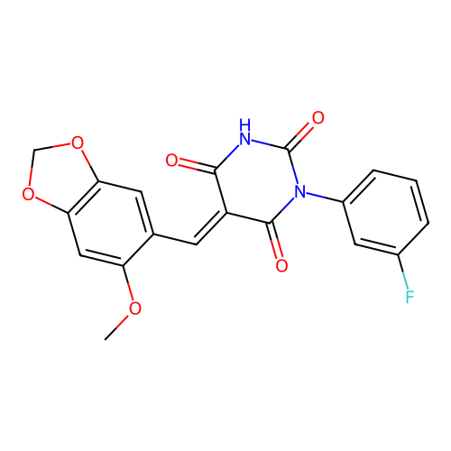 (E)-1-(3-fluorophenyl)-5-((6-methoxybenzo[d][1,3]dioxol-5-yl)methylene)pyrimidine-2,4,6(1H,3H,5H)-trione structure