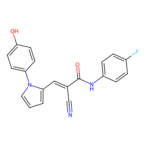 (2E)-2-cyano-N-(4-fluorophenyl)-3-[1-(4-hydroxyphenyl)-1H-pyrrol-2-yl]prop-2-enamide structure