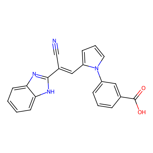 3-{2-[(E)-2-(1H-benzimidazol-2-yl)-2-cyanoethenyl]-1H-pyrrol-1-yl}benzoic acid structure