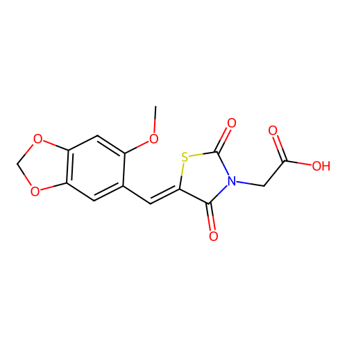 (Z)-2-(5-((6-methoxybenzo[d][1,3]dioxol-5-yl)methylene)-2,4-dioxothiazolidin-3-yl)acetic acid structure