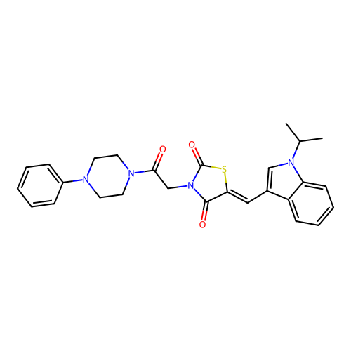 (Z)-5-((1-isopropyl-1H-indol-3-yl)methylene)-3-(2-oxo-2-(4-phenylpiperazin-1-yl)ethyl)thiazolidine-2,4-dione structure