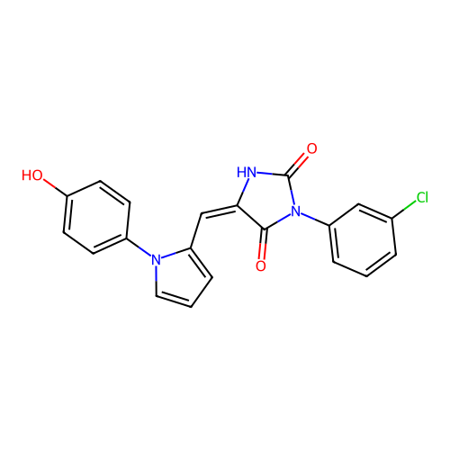 (5E)-3-(3-chlorophenyl)-2-hydroxy-5-{[1-(4-hydroxyphenyl)-1H-pyrrol-2-yl]methylidene}-3,5-dihydro-4H-imidazol-4-one structure