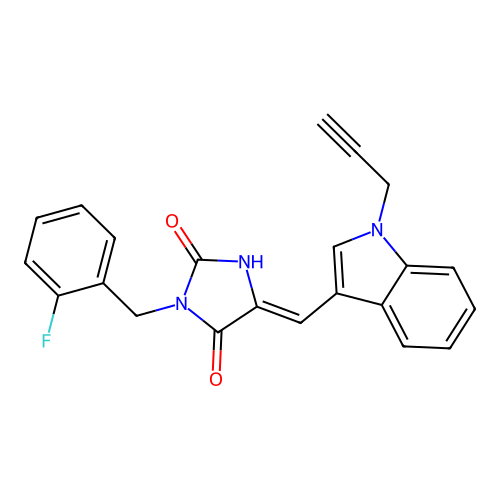 3-[(2-fluorophenyl)methyl]-5-[(1-prop-2-ynylindol-3-yl)methylidene]imidazolidine-2,4-dione structure