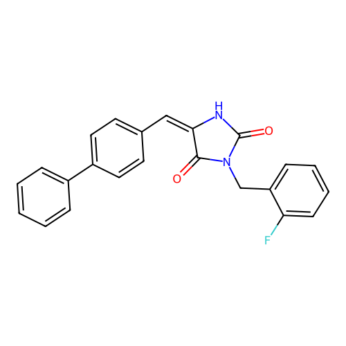 (5E)-5-(biphenyl-4-ylmethylidene)-3-(2-fluorobenzyl)imidazolidine-2,4-dione structure