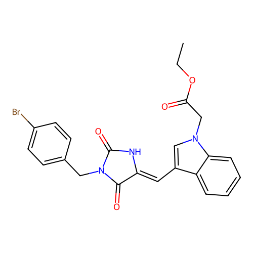 (Z)-ethyl 2-(3-((1-(4-bromobenzyl)-2,5-dioxoimidazolidin-4-ylidene)methyl)-1H-indol-1-yl)acetate structure