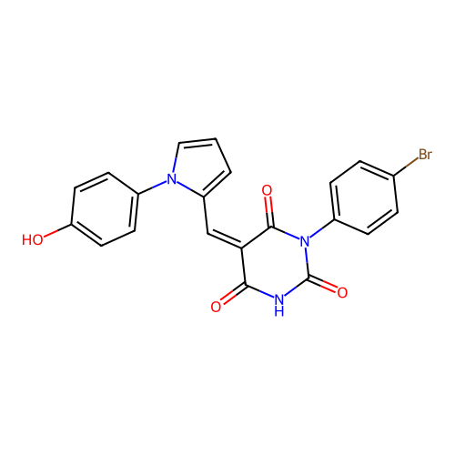 (5Z)-1-(4-bromophenyl)-5-[[1-(4-hydroxyphenyl)pyrrol-2-yl]methylidene]-1,3-diazinane-2,4,6-trione structure