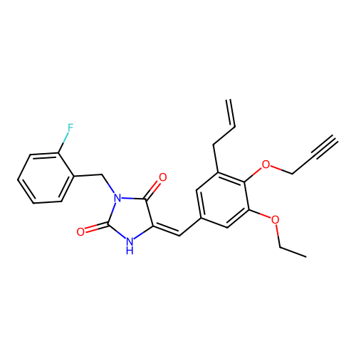 (5E)-5-[(3-ethoxy-5-prop-2-enyl-4-prop-2-ynoxyphenyl)methylidene]-3-[(2-fluorophenyl)methyl]imidazolidine-2,4-dione structure